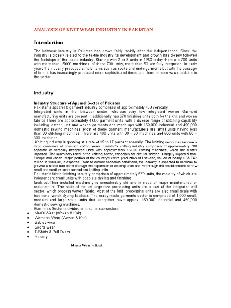 Analysis of Knit Wear Industry in Pakistan PDF Knitting Clothing