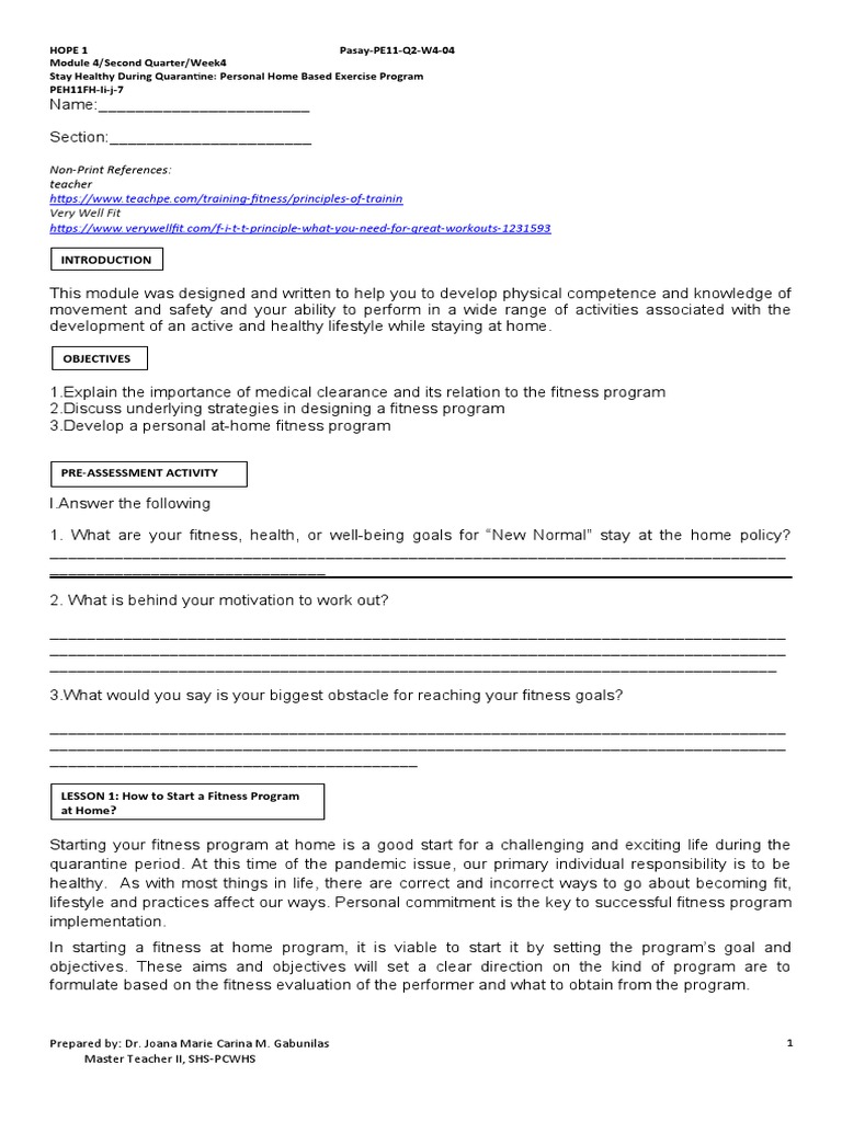 Home Fitness Program for Quarantine | PDF | Physical Fitness | Goal