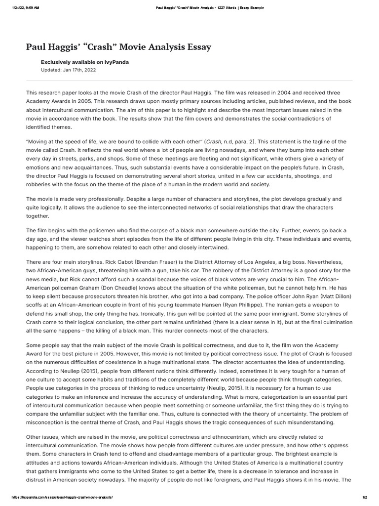 Paul Haggis' Crash Movie Analysis 1227 Words Essay Example