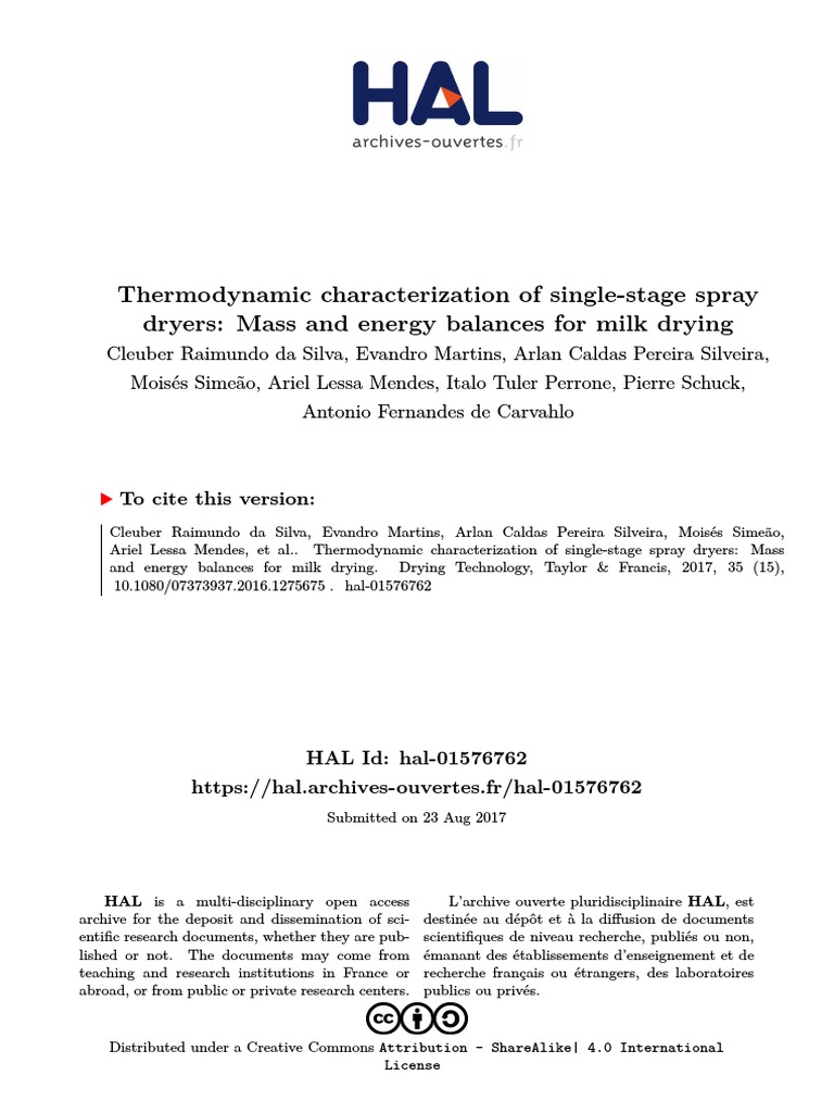 Thermodynamic Characterization of Single Stage Spray Dryers Mass and