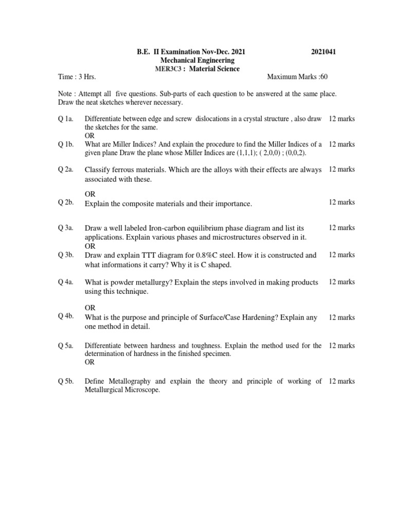 Mechanical Engineering Material Science Exam | PDF | Technology ...