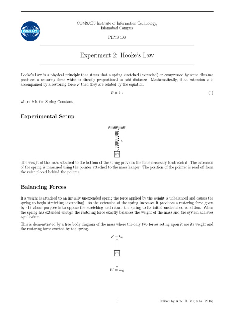 Experiment 2: Hooke's Law: Experimental Setup | PDF | Force | Mass