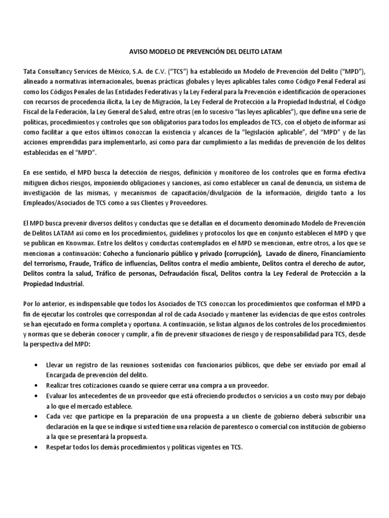Modelo de Prevención del Delito TCS LATAM | PDF | Prevención del crimen ...