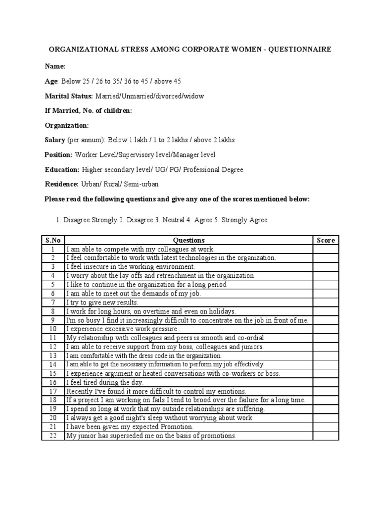 Corporate Women's Stress Questionnaire | PDF | Working Time ...
