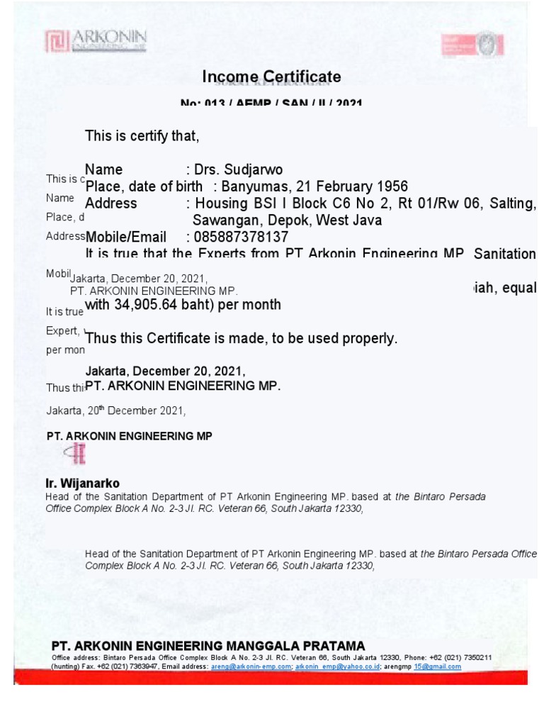 Sudjarwo Income Certificate | PDF