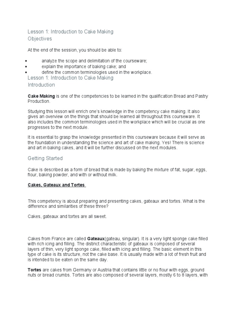 Objectives: Lesson 1: Introduction To Cake Making | PDF | Cakes | Hand ...