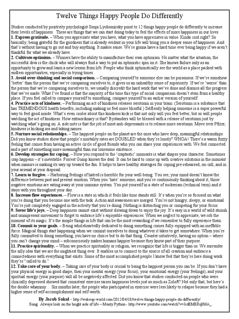 12 Things Happy People Do Differently PDF Optimism Gratitude