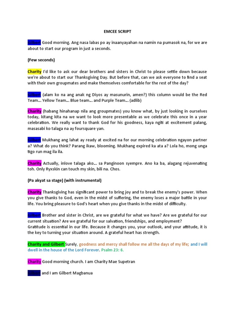 Church Thanksgiving Program Emcee Script | PDF | Self-Improvement ...