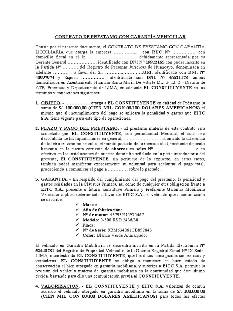 Modelo de Contrato de Préstamo y Garantía Vehicular | PDF