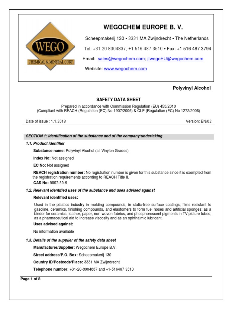 Polyvinyl Alcohol 8850 MSDS PDF Dangerous Goods Chemistry