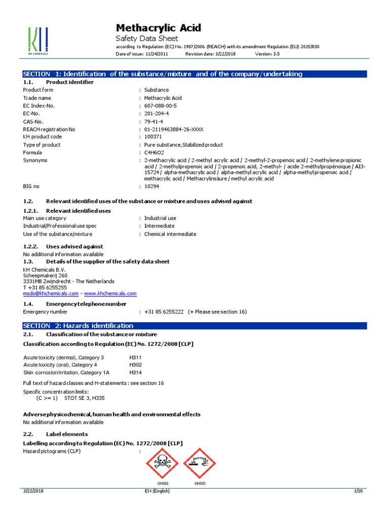 Methacrylic Acid MSDS PDF Dangerous Goods Toxicity