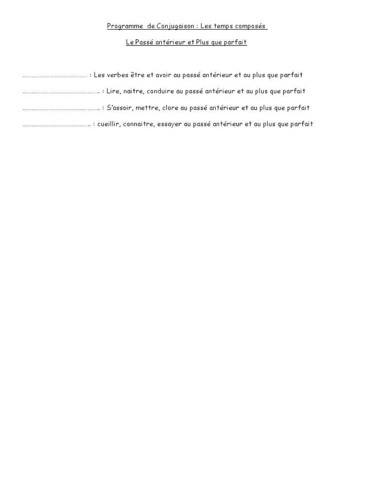 Programme de Conjugaison Passé Antérieur Et Plus Que Parfait | PDF ...