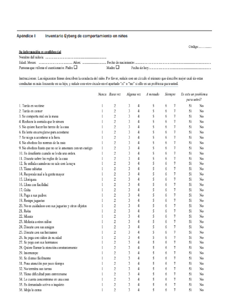 Inventario Eyberg Comportamiento Niños | PDF