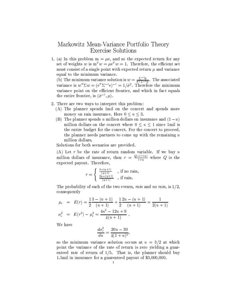 Solutions To Exercises in The Markowitz Notes by James v. Burke | PDF