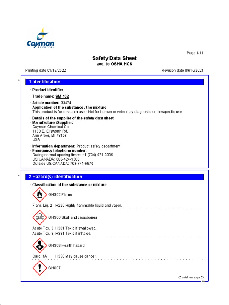 SM-102 Safety Data Sheet Overview | PDF | Dangerous Goods | Chemistry