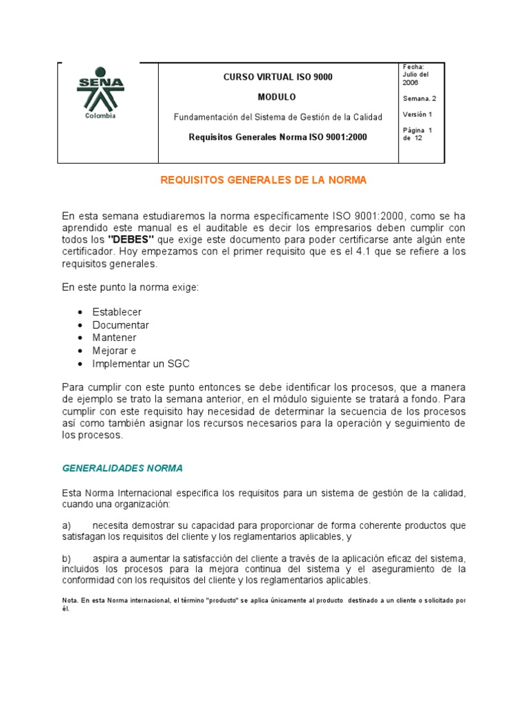 Requisitos Generales ISO 9001:2000 | PDF | Gestión de la calidad | Iso 9000