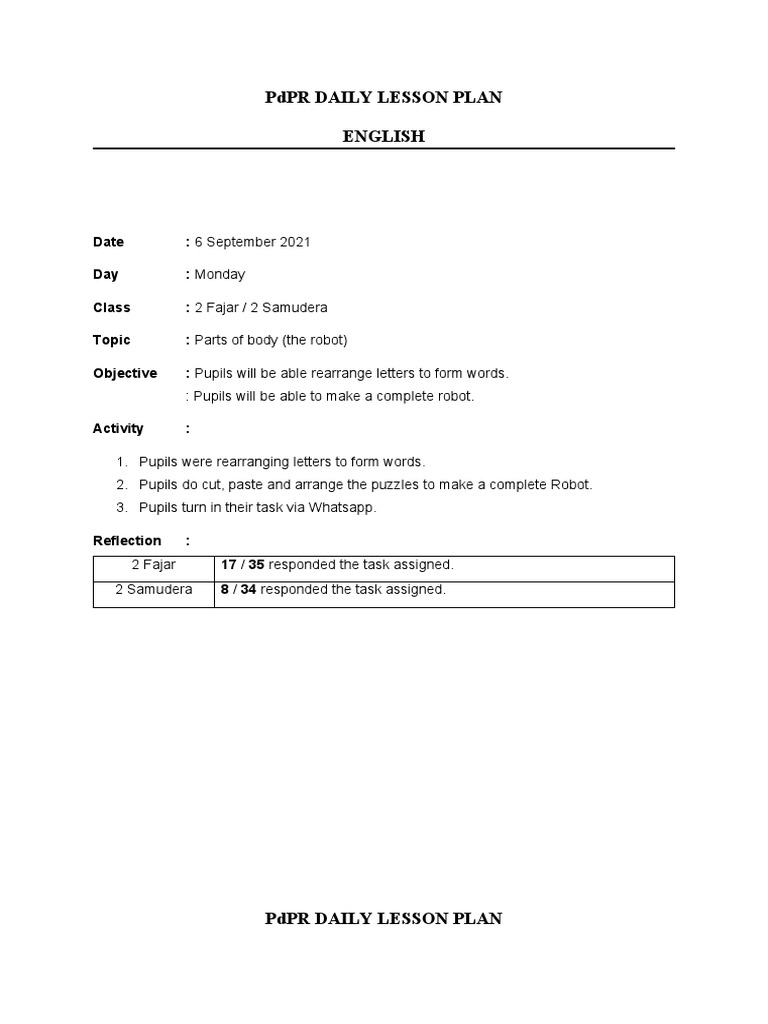 PDPR DAILY LESSON PLAN 6 - 9 September | PDF
