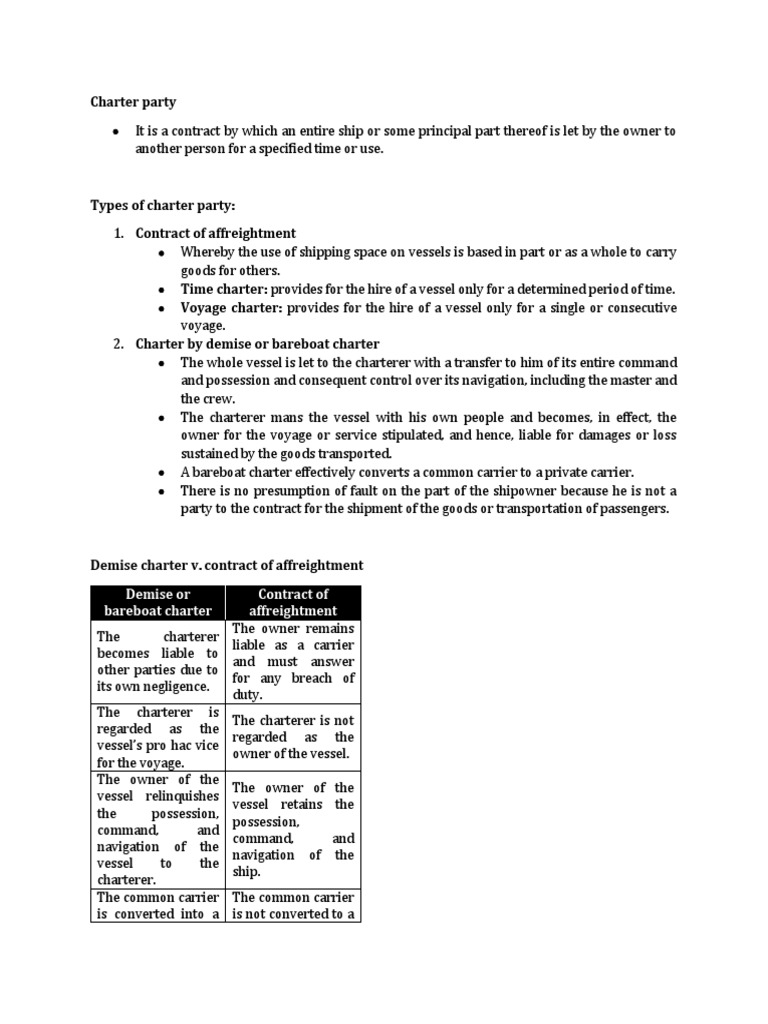 Charter Party: Demise or Bareboat Charter Contract of 