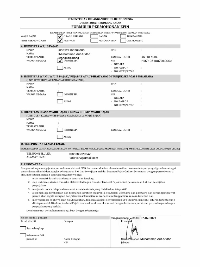 Form Permohonan Efin | PDF