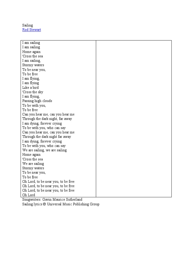 Rod Stewart Sailing Lyrics PDF