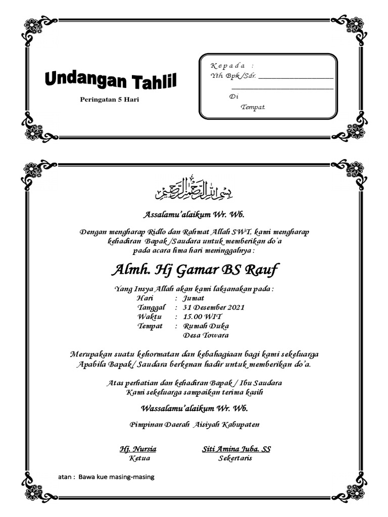 Undangan Tahlil 5 Hari Almh. Hj Gamar | PDF