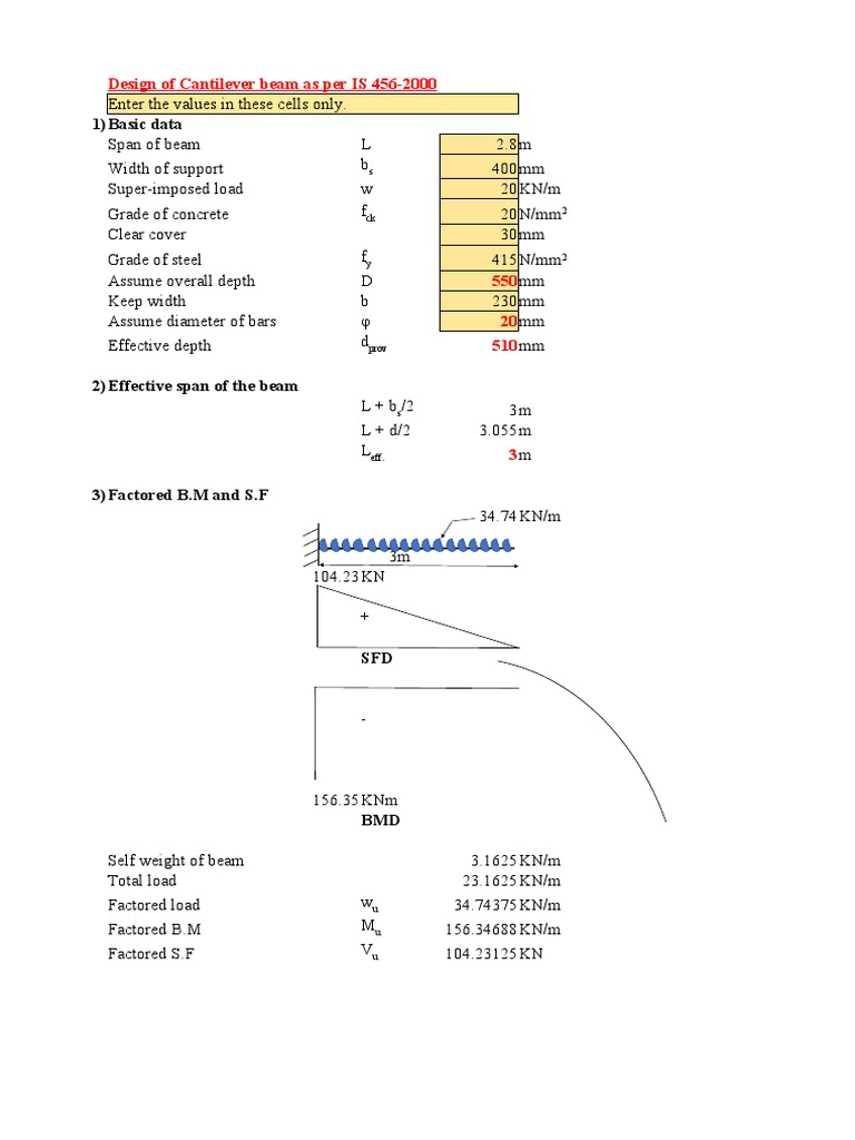1) Basic Data: Design of Cantilever Beam As Per IS 456-2000 | PDF ...