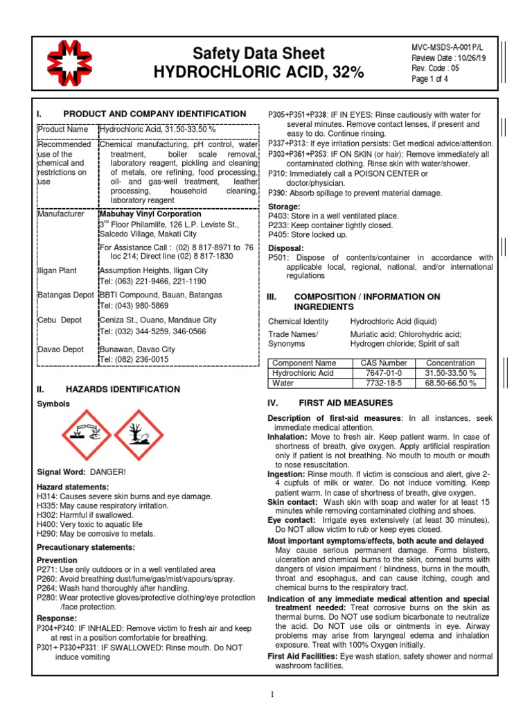 Hydrochloric Acid 32% Safety Data Sheet | PDF | Water | Chlorine