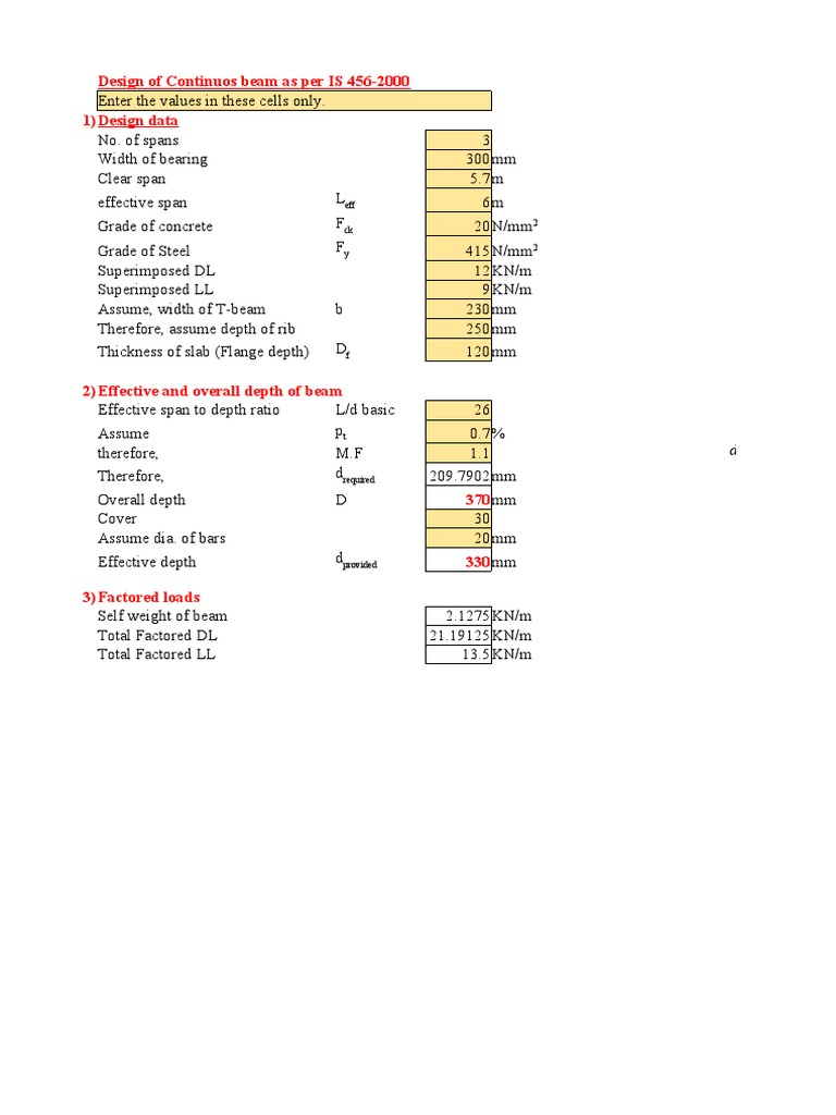 Design of Continuos Beam As Per IS 456-2000 1) Design Data: Eff CK 2 2 ...
