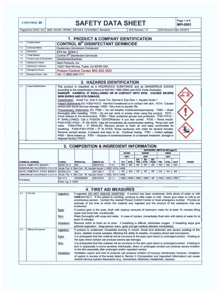 Control 3 Msds DisGermicide PDF Breathing Disinfectant