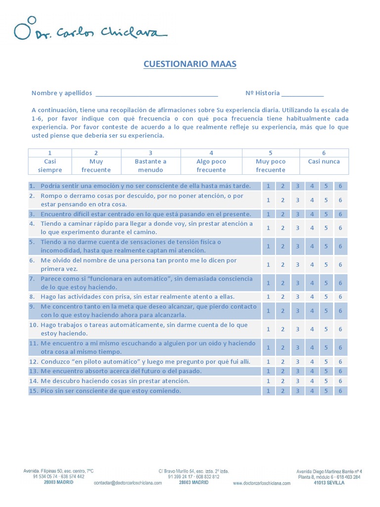Cuestionario de Atención Plena MAAS | PDF