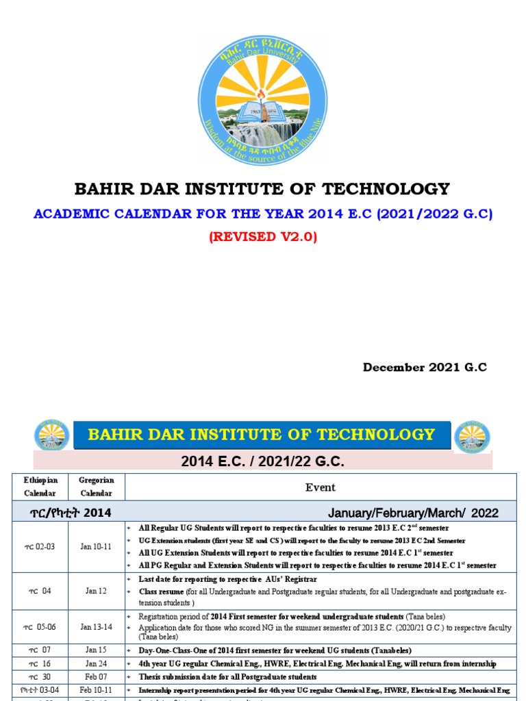 Academic Calendar for Bahir Dar Institute of Technology for the Year