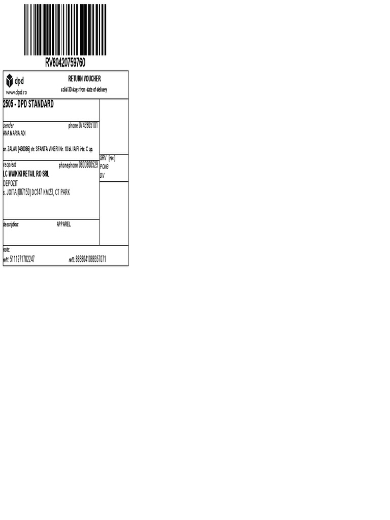 2505 - DPD Standard: Return Voucher | PDF