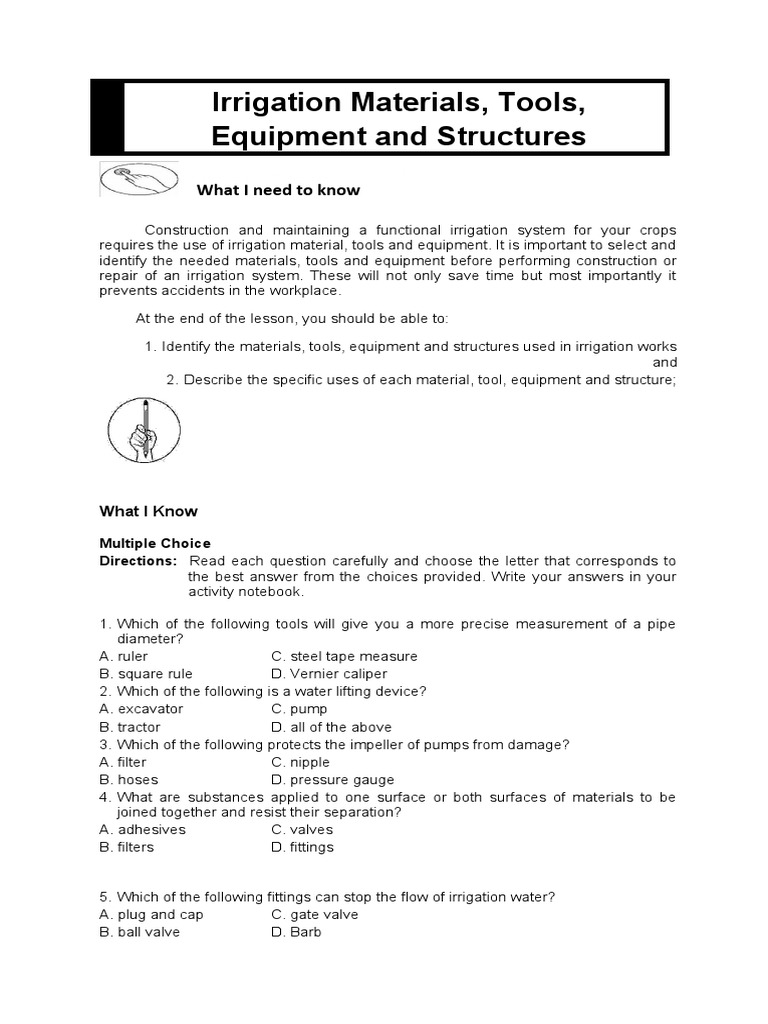 Irrigation Materials, Tools, Equipment and Structures What I Need To Know PDF Pipe (Fluid