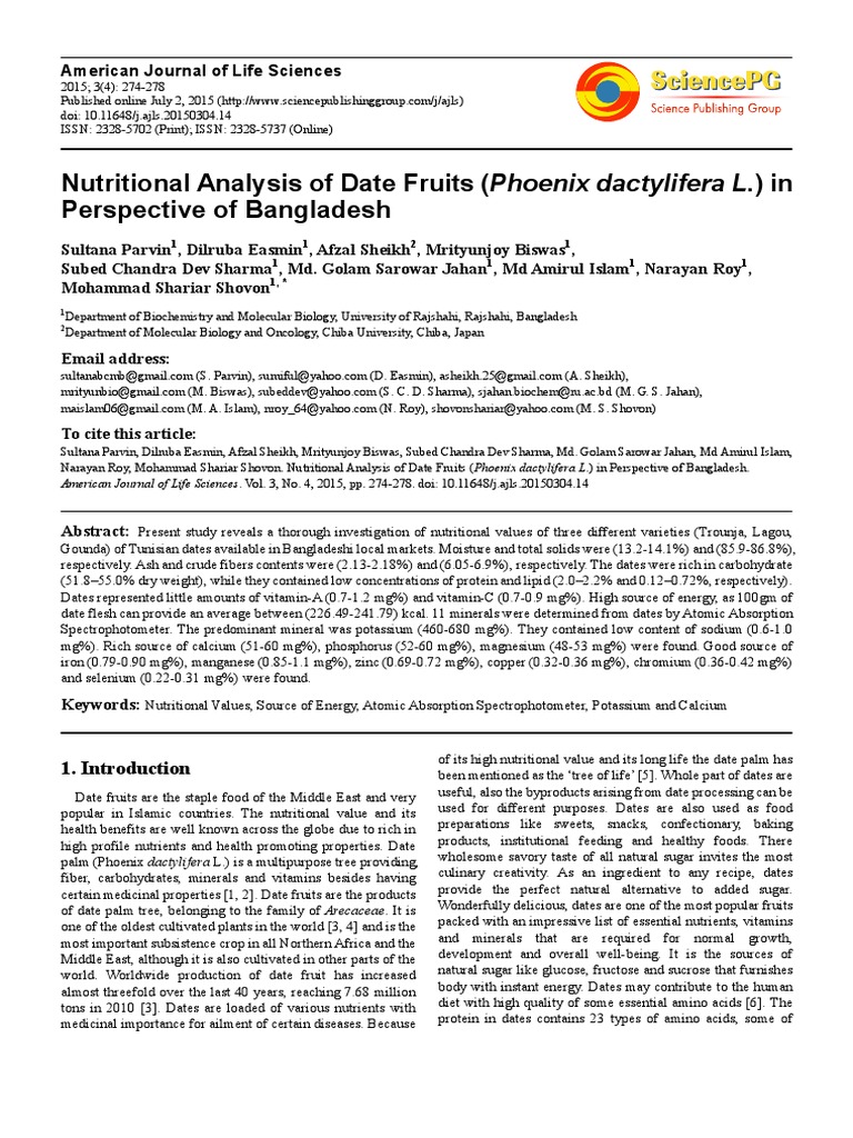 Nutritional Analysis of Date Fruits (Phoenix Dactylifera L.) in Perspective of Bangladesh PDF