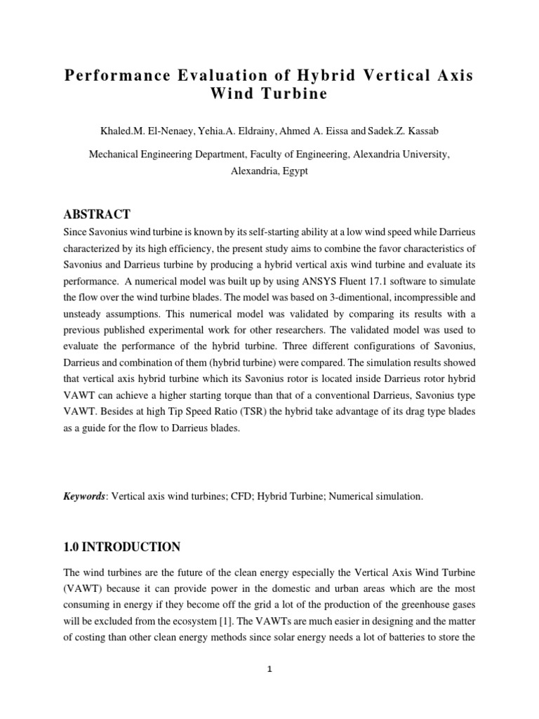 1-Performance Evaluation of Hybrid Vertical Axis | PDF | Turbine | Wind ...
