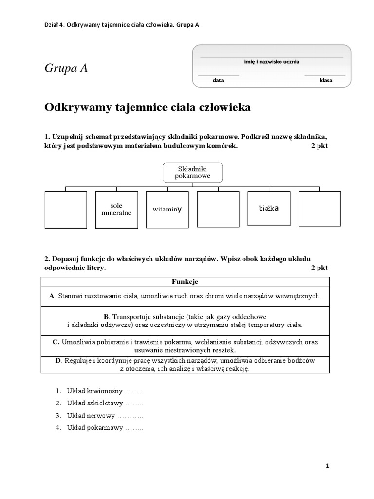 Przyroda Klasa 4 Sprawdzian Dział 1