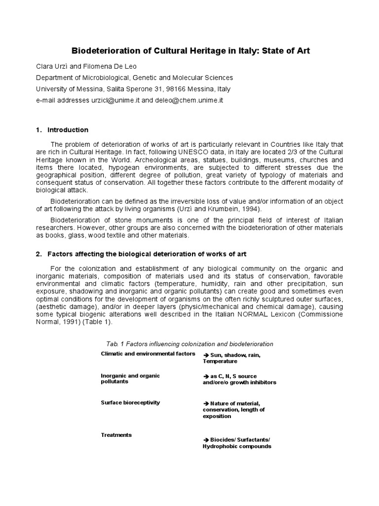 Biodeterioration of Italy's Cultural Heritage | PDF | Fungus ...