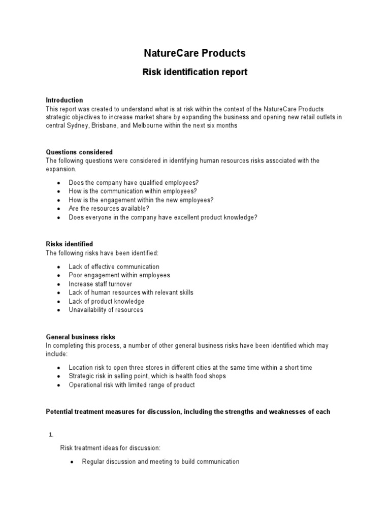 NatureCare Products Risk Assessment Report | PDF | Risk | Employment