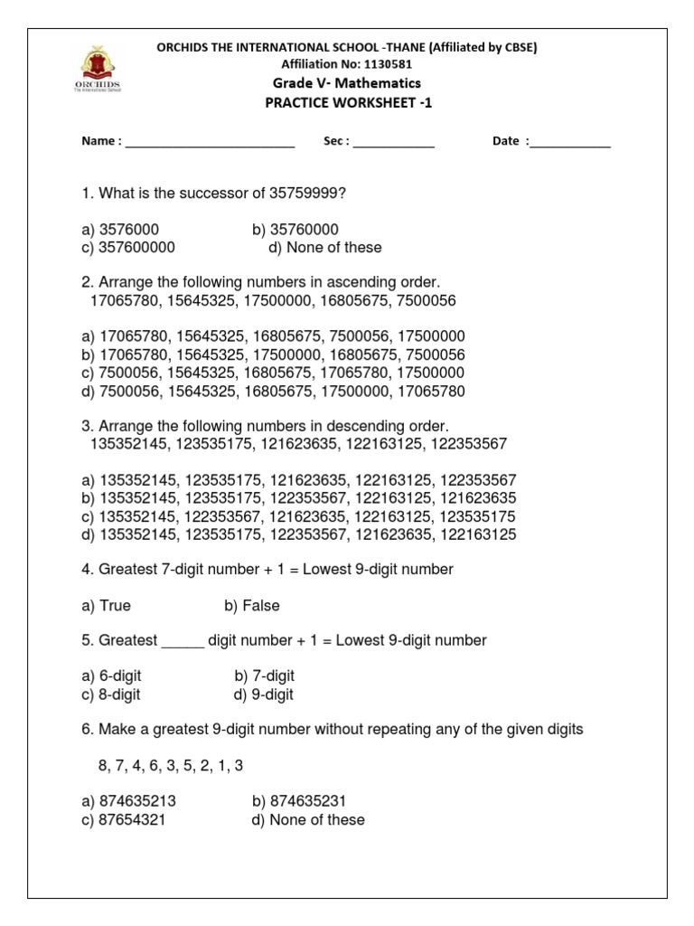 Orchids Maths Practice Worksheet | PDF | Numbers | Mathematics