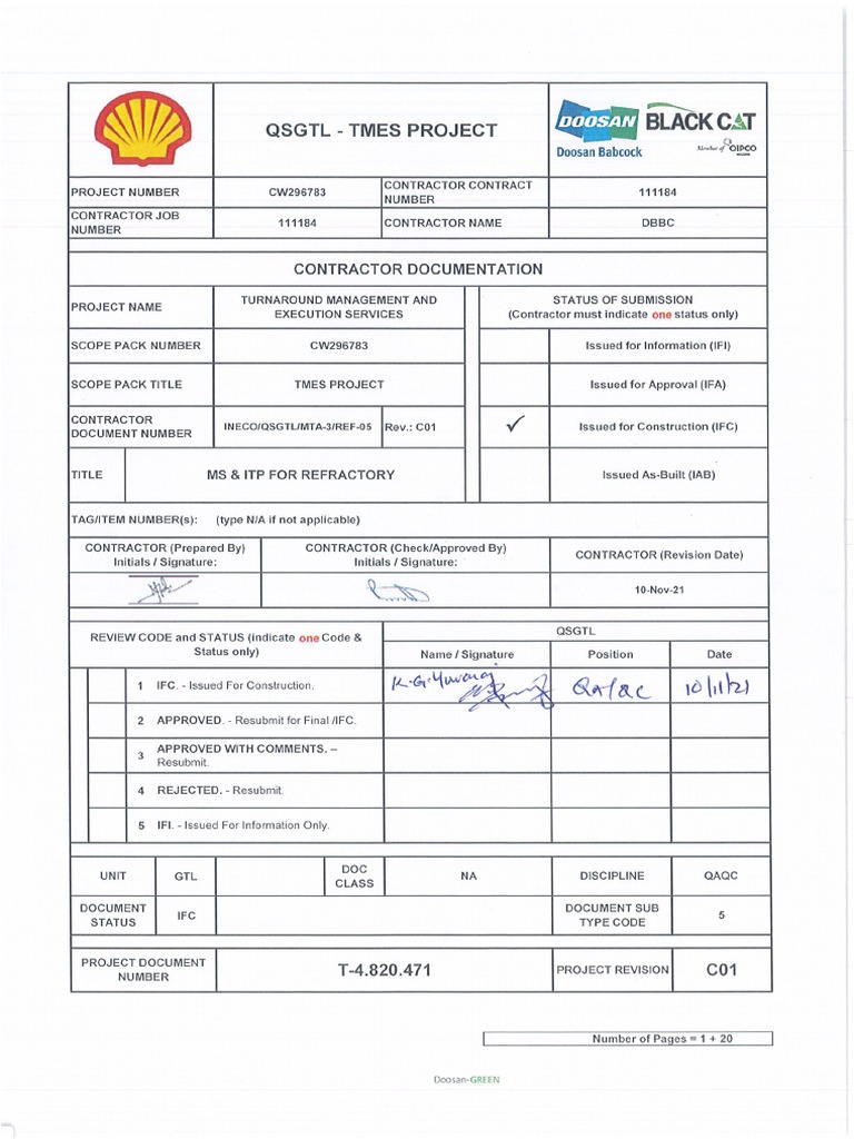 T-4.820.471 - C01 - MS & ITP For Refractory Work | PDF | Refractory | Brick