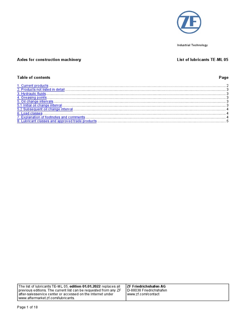 Axles For Construction Machinery List of Lubricants TEML 05 PDF