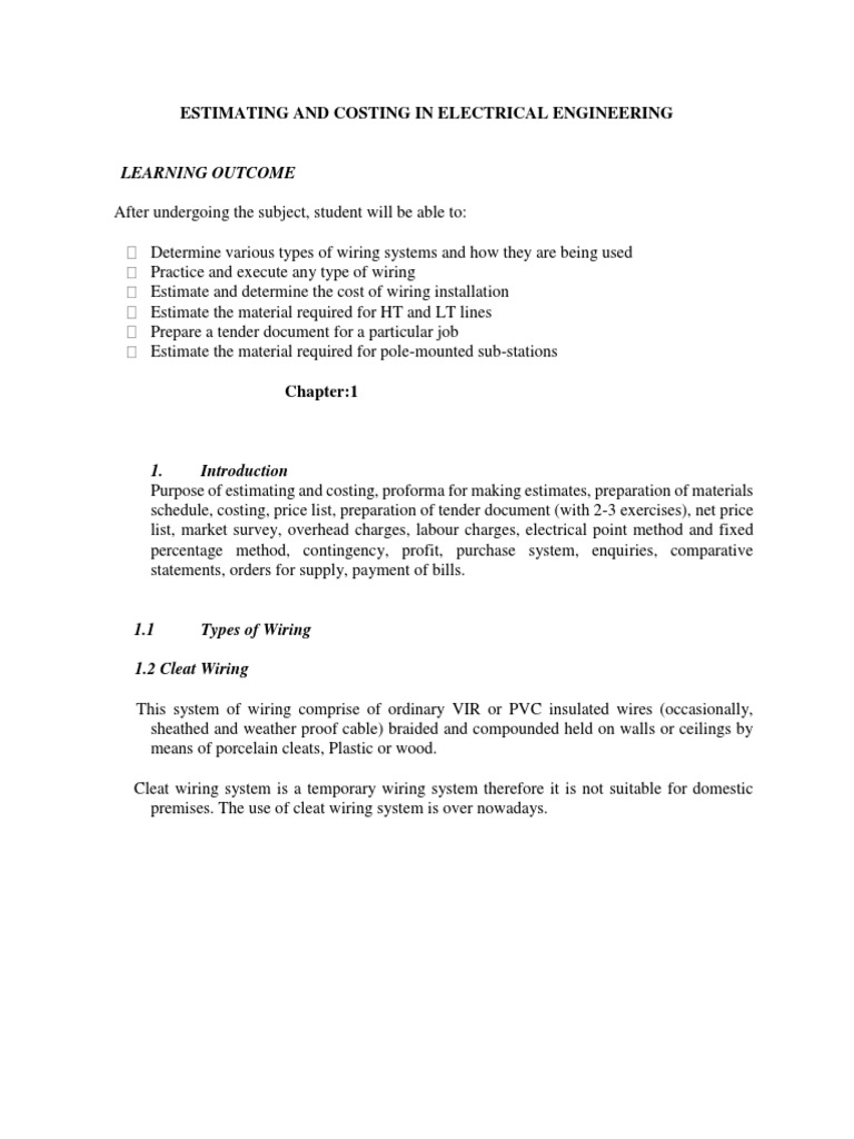 Learning Outcome: Estimating and Costing in Electrical Engineering ...