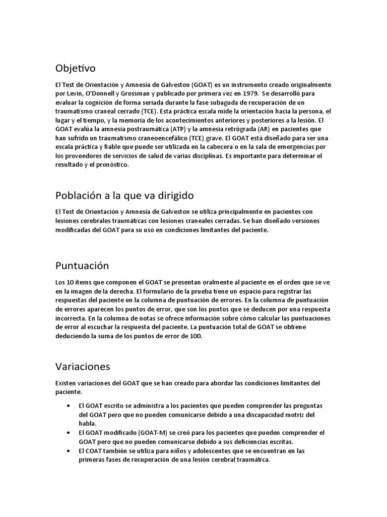 Prueba Goat | PDF | Lesión cerebral traumática | Terapia física
