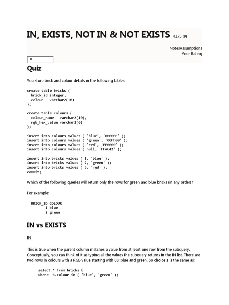 In, Exists, Not in & Not Exists 4.1/5 (9) Notesassumptions Your Rating PDF Data Management