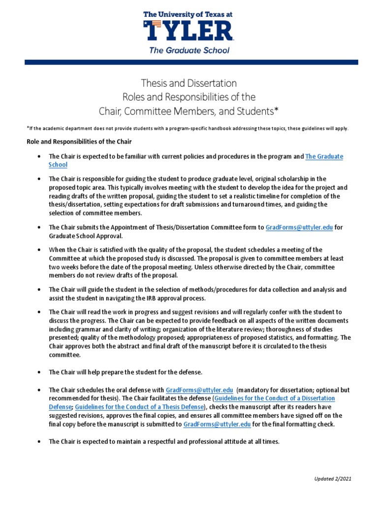 Thesis and Dissertation Roles and Responsibilities of The Chair