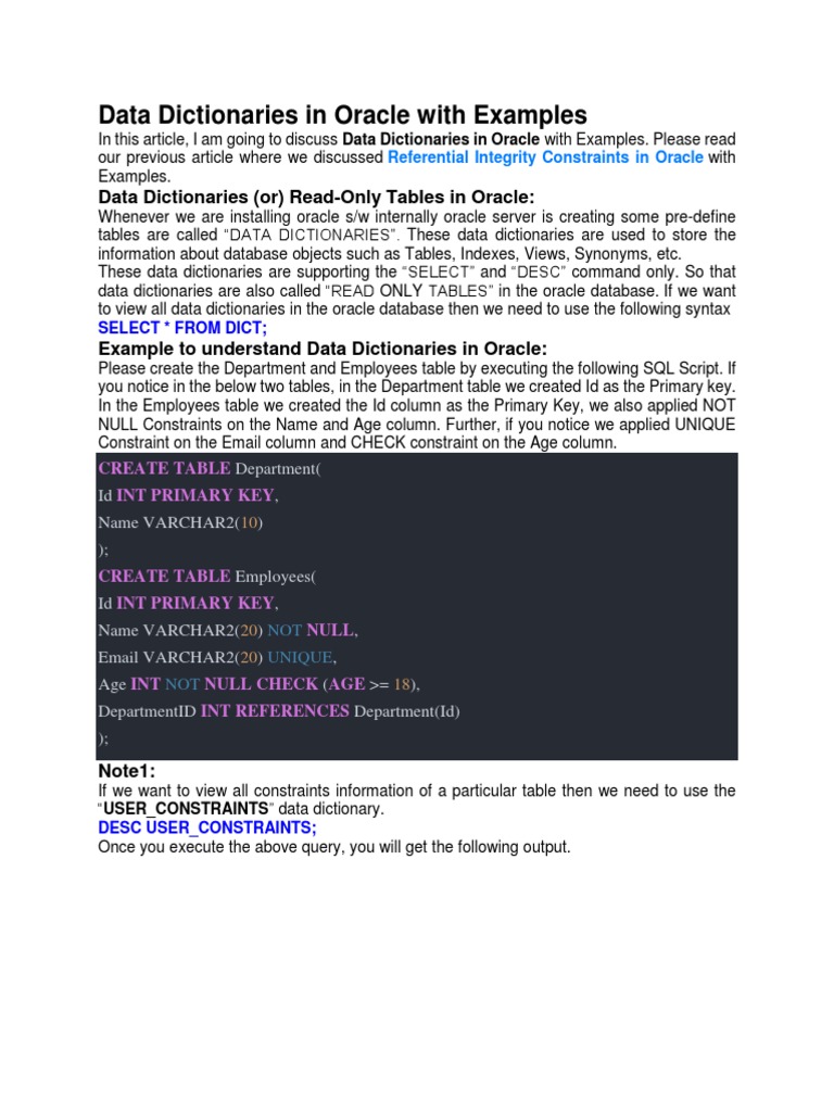 Data Dictionaries in Oracle With Examples PDF Relational Database