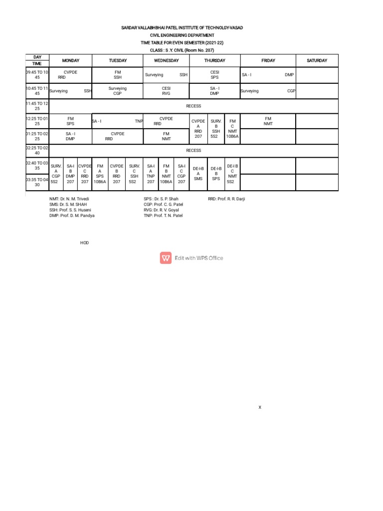 Sy Class Time Table 21 22 (Even) | PDF
