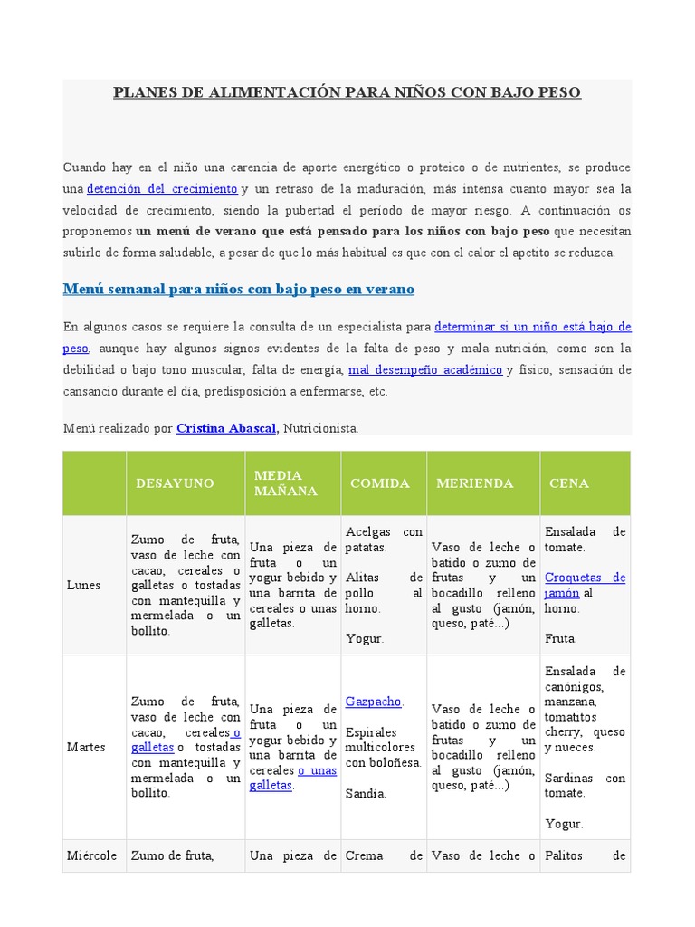 Menú Semanal para Niños con Bajo Peso | PDF | Comida regional y étnica ...