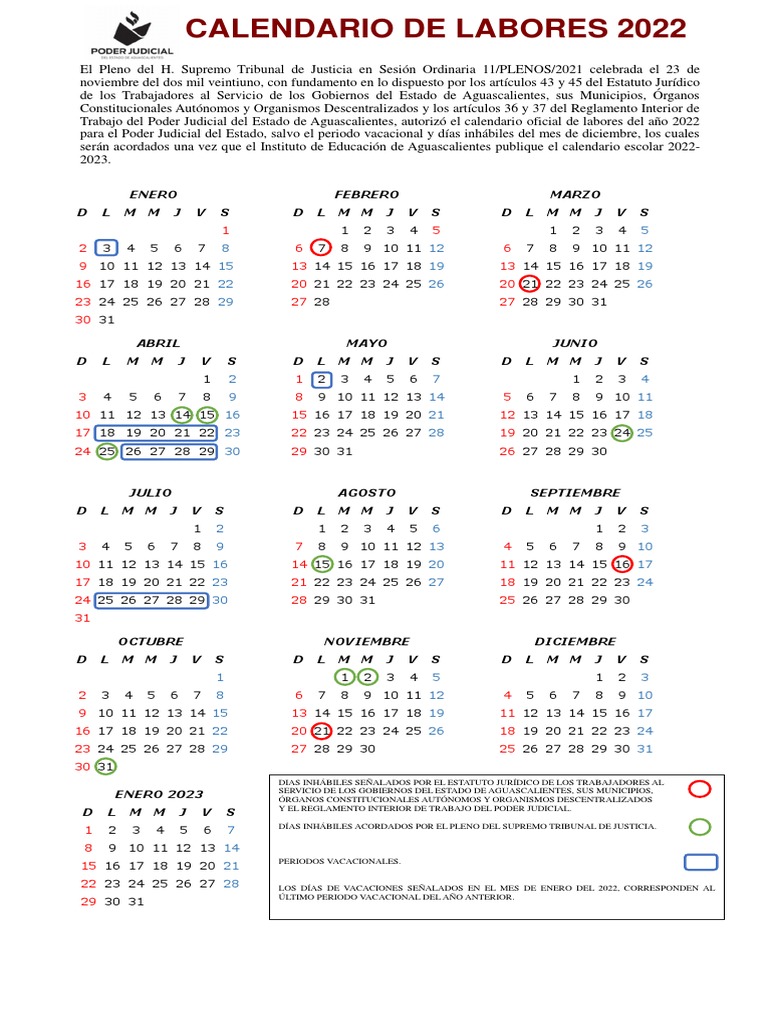 Calendario De Labores Del Poder Judicial 2022 Final Pdf Calendario