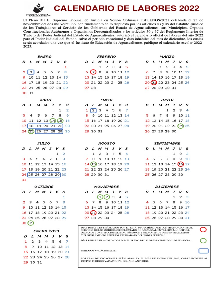 Calendario de Labores Del Poder Judicial 2022 Final PDF Calendario